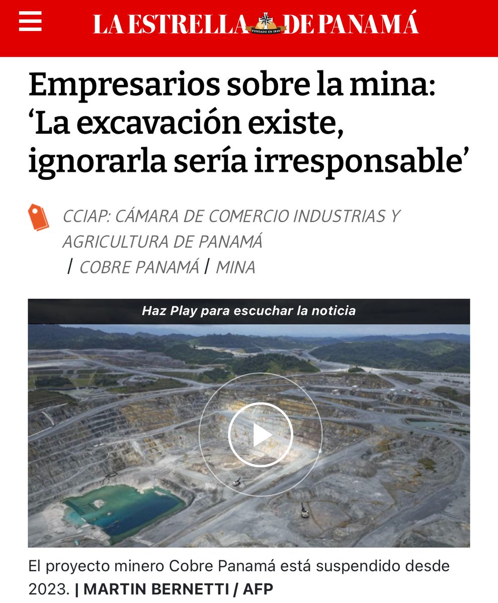 Arq. R.J. Bermudez (@ricardo231050) on Twitter photo ¡Cierto que la excavación existe pero agrandar el daño cometido - y sentar el precedente para que otras minas mas prosperen en Panamá - sería muchísimo más irresponsable aun!
<a href="/MiAmbientePma/">Ministerio de Ambiente de Panamá</a> <a href="/CONEPPanama/">Consejo Nacional de la Empresa Privada</a> ¡Cierto que la excavación existe pero agrandar el daño cometido - y sentar el precedente para que otras minas mas prosperen en Panamá - sería muchísimo más irresponsable aun!
<a href="/MiAmbientePma/">Ministerio de Ambiente de Panamá</a> <a href="/CONEPPanama/">Consejo Nacional de la Empresa Privada</a>