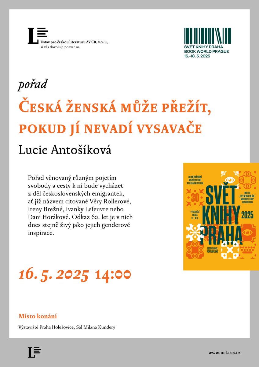 Ústav pro českou literaturu AV ČR (@uclavcr) on Twitter photo Literární věda na veletrhu SVĚT KNIHY 2025
Svět knihy odstartuje 15. 5. – a ani my tam nebudeme chybět. Společně s dalšími devíti ústavy <a href="/Akademie_ved_CR/">Akademie věd ČR</a> nás najdete na stánku KC110.
Součástí doprovodného programu jsou také tři naše pořady.
Více na ucl.cas.cz/udalosti/svet-…. Literární věda na veletrhu SVĚT KNIHY 2025
Svět knihy odstartuje 15. 5. – a ani my tam nebudeme chybět. Společně s dalšími devíti ústavy <a href="/Akademie_ved_CR/">Akademie věd ČR</a> nás najdete na stánku KC110.
Součástí doprovodného programu jsou také tři naše pořady.
Více na ucl.cas.cz/udalosti/svet-….