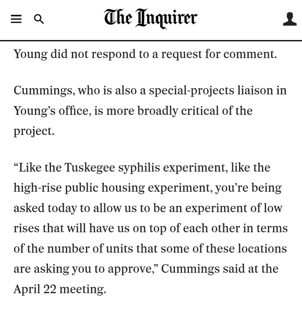 Alex Armlovich (@aarmlovi) on Twitter photo Even by Left-NIMBY standards this <a href="/jblumgart/">Jake Blumgart</a> story shocks the conscience:
100% affordable housing, built by the Public Housing Authority, delayed 6 years. Costs spiking despite cutting the project to just 57 homes
And now the "Equity Groups" liken these 57 homes to Tuskegee Even by Left-NIMBY standards this <a href="/jblumgart/">Jake Blumgart</a> story shocks the conscience:
100% affordable housing, built by the Public Housing Authority, delayed 6 years. Costs spiking despite cutting the project to just 57 homes
And now the "Equity Groups" liken these 57 homes to Tuskegee