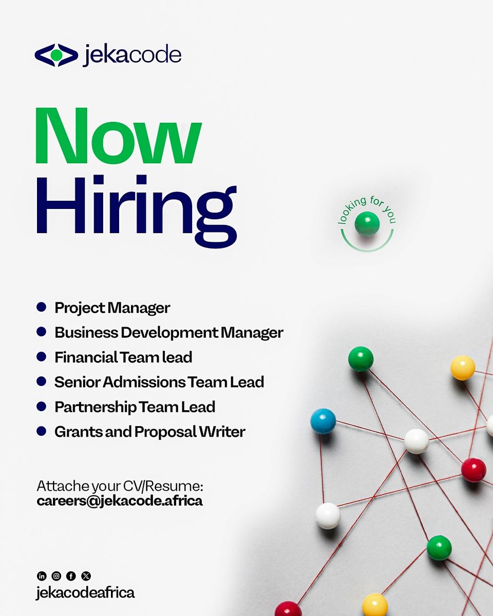 Jekacodeafrica's tweet photo. To make an impact and grow with us, send your CV to careers@jekacode.africa.
Let’s build the future of tech together!
#JekacodeAfrica https://t.co/660bnxazcw