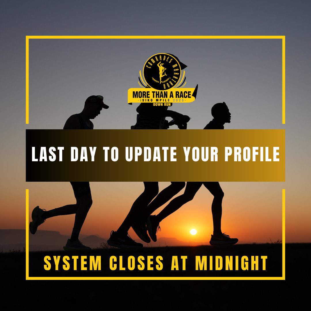 Tumi Sole (@tumisole) on Twitter photo Bo Mgijimj 🆘🆘🆘
You have until 23:59 today to update your profile for <a href="/ComradesRace/">ComradesRace</a> 2025
Tell a friend!
#RunningWithTumiSole
#ComradesMarathon2025
#RunningWithSoleAC Bo Mgijimj 🆘🆘🆘
You have until 23:59 today to update your profile for <a href="/ComradesRace/">ComradesRace</a> 2025
Tell a friend!
#RunningWithTumiSole
#ComradesMarathon2025
#RunningWithSoleAC
