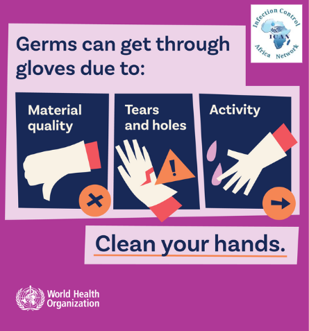 ICAN supports proper glove use in healthcare!
Medical gloves are essential, but they're not foolproof. Like bare hands, they can get contaminated.
Remove gloves after patient contact
Perform hand hygiene immediately
Follow the WHO 5 Moments for Hand Hygiene