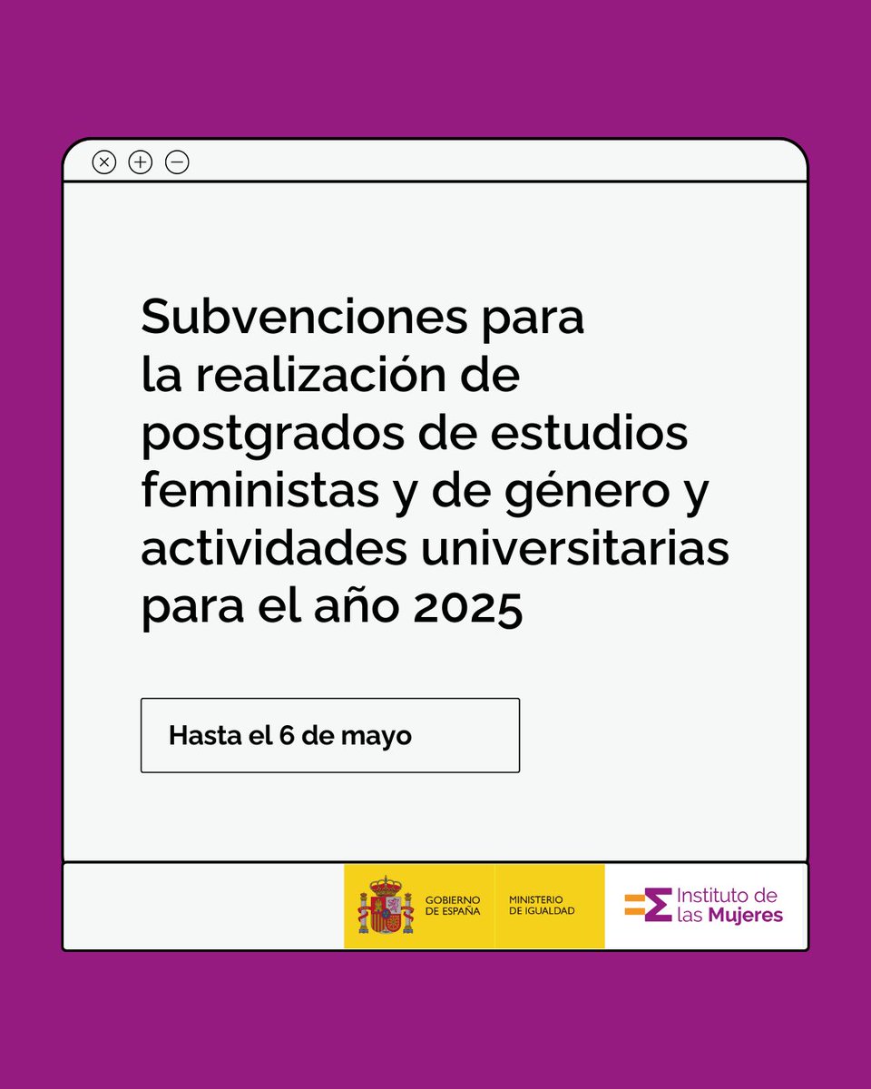 🔈 Mañana es el último día para la convocatoria de subvenciones para la realización de posgrados de estudios feministas y de género y actividades del ámbito universitario relacionadas con la igualdad.

📲 A través de la sede electrónica del <a href="/IgualdadGob/">Ministerio de Igualdad</a>
🔗 inmujeres.gob.es/servRecursos/c…