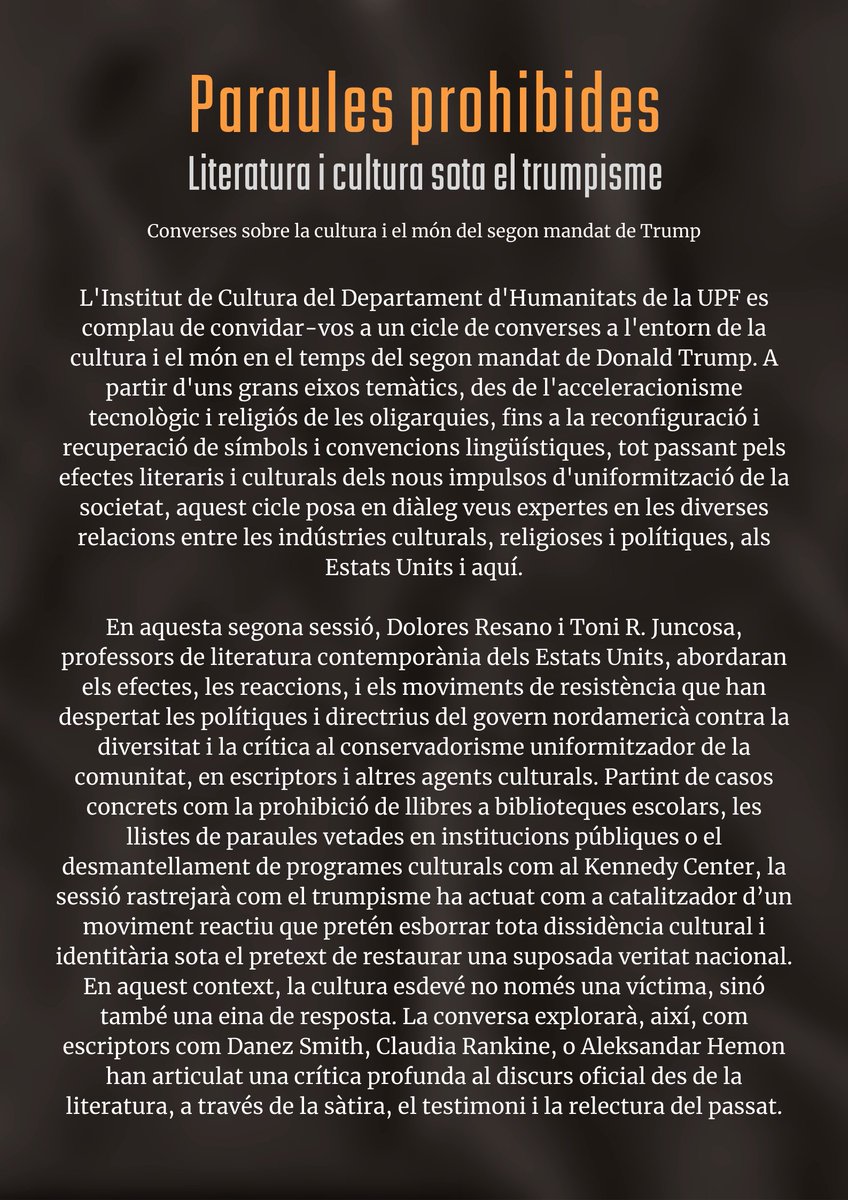 Sergi Castellà Martínez (@sergicastellam) on Twitter photo 🇺🇸 Dijous 8 | Campus Ciutadella (Aula 40.252) | 12:30h
Dolores Resano i <a href="/toni_juncosa/">Toni R. Juncosa</a> conversen sobre la literatura en temps de Trump, sobre veritat nacional i sobre resposta literària i cultural.
🌎Accés lliure🌏 🇺🇸 Dijous 8 | Campus Ciutadella (Aula 40.252) | 12:30h
Dolores Resano i <a href="/toni_juncosa/">Toni R. Juncosa</a> conversen sobre la literatura en temps de Trump, sobre veritat nacional i sobre resposta literària i cultural.
🌎Accés lliure🌏