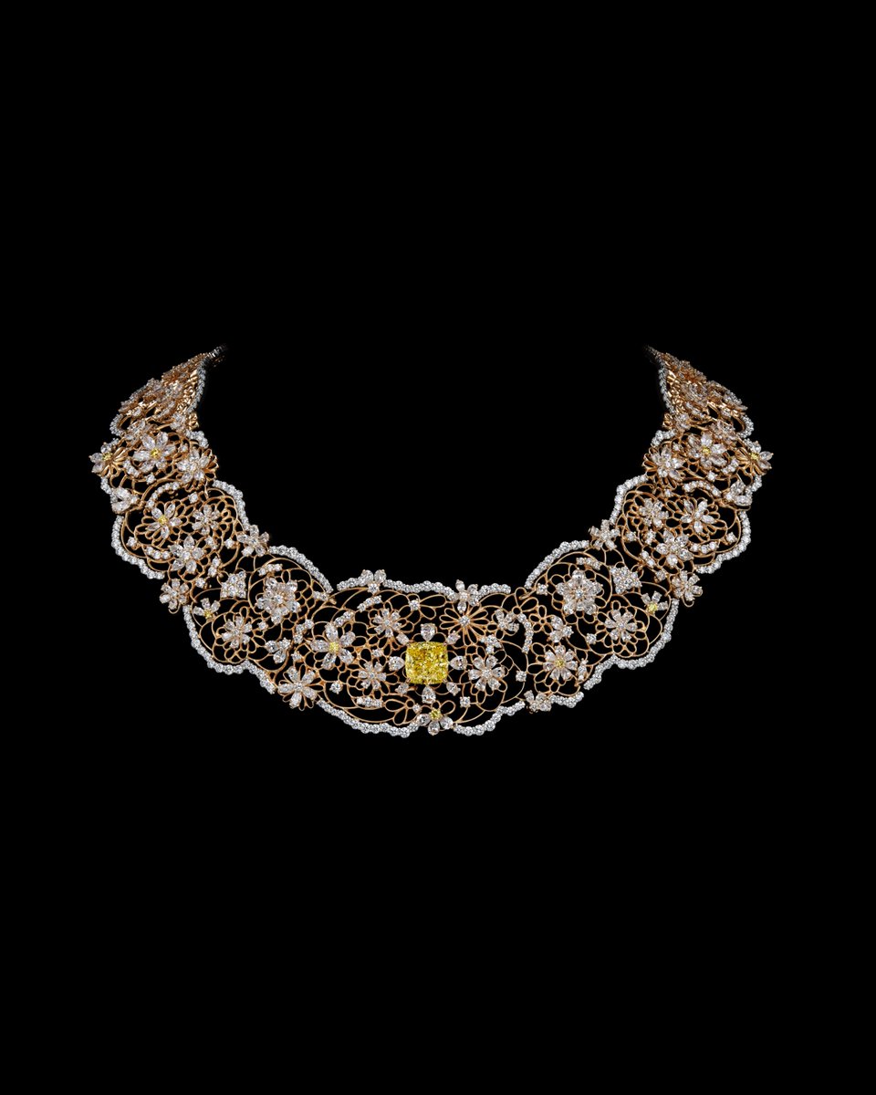 Dior's tweet photo. @CharlizeAfrica Showcasing virtuoso #DiorSavoirFaire, the Dior Milly Dentelle duet captures nature's elegance in wearable art with its rosy lace of white and yellow diamonds that reflects Victoire de Castellane's dreams for #DiorHauteJoaillerie. https://t.co/mLdUaDoSGy