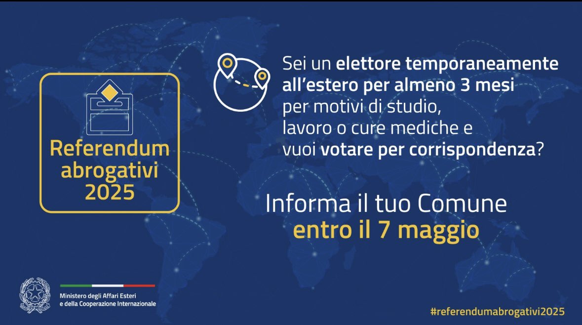 #Referendumabrogativi
Il 7 maggio scade il termine per richiedere l'ammissione al voto per corrispondenza.
Ricordati di fare richiesta al tuo Comune. Scopri di più al link: consparigi.esteri.it/it/news/dal_co…