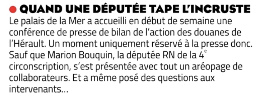 Bonjour <a href="/MidiLibreSete/">Midi Libre Sète</a>,

1 : J’ai été invitée par les douanes, comme tous les parlementaires de l’Hérault.
2 : J’étais accompagnée de… 1 collaborateur + 1 stagiaire (2 personnes donc…)
3 : Je m’appelle Manon.

… C’est vraiment très chouette que certains chez vous découvrent