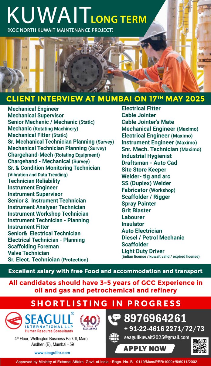 hrd1_seagull's tweet image. 🇰🇼Kuwait Jobs
📝Client Interview On 17th May 
📍Location - Mumbai
. 

.

.
#kuwaitjobs #mechanicalengineer #sitestorekeeper #spraypainter