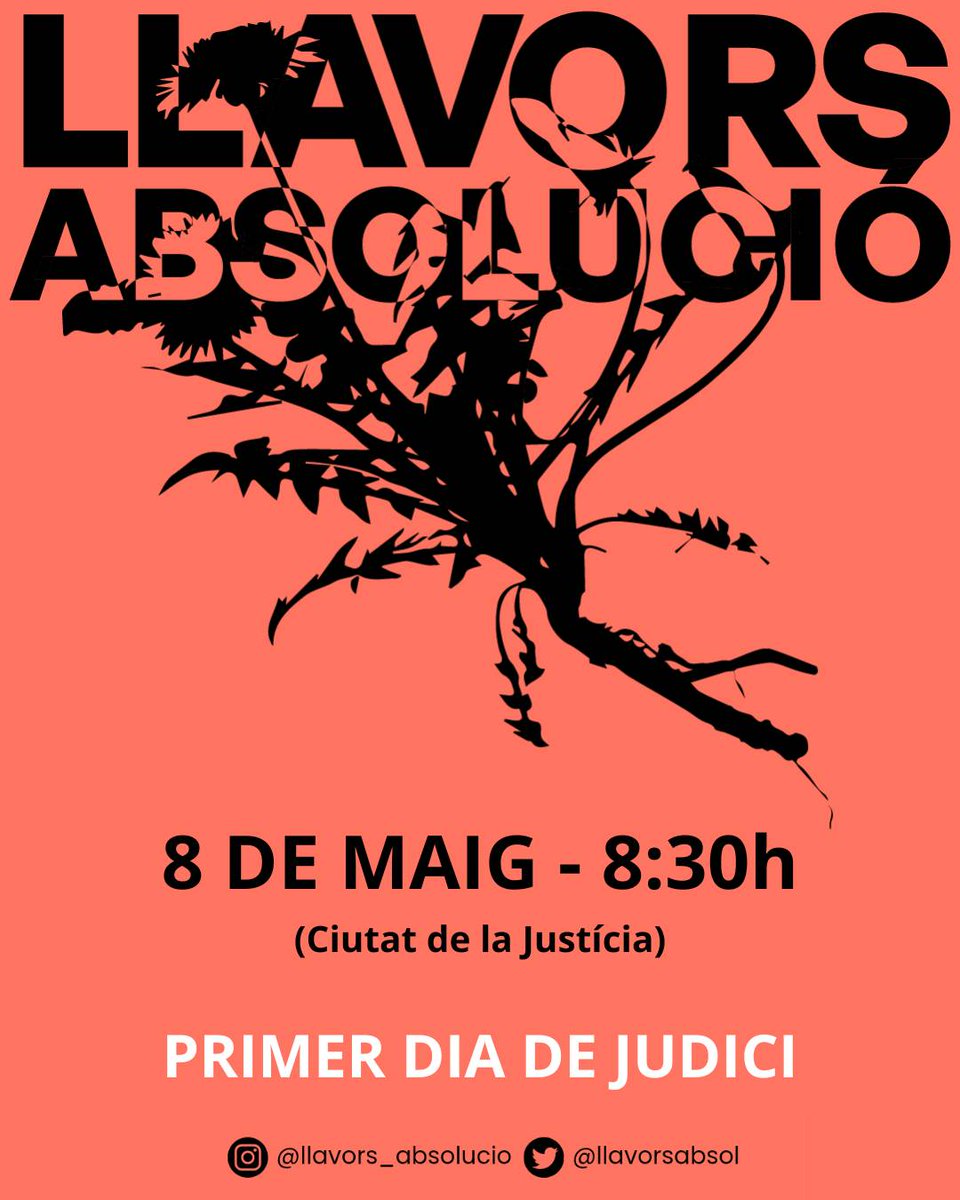 Sindicat d'Habitatge de Cassoles (@shcassoles) on Twitter photo ‼️PRIMER DIA DE JUDICI DE LLAVORS ‼️
Concentració de suport a les companyes de <a href="/llavorsabsol/">Llavors Absolució</a>
🗓️ 08/05/2025
⏰ 8:30h
📍Ciutat de la justícia
Ajuda'ns a fer front a la repressió: goteo.org/project/les-9-… ‼️PRIMER DIA DE JUDICI DE LLAVORS ‼️
Concentració de suport a les companyes de <a href="/llavorsabsol/">Llavors Absolució</a>
🗓️ 08/05/2025
⏰ 8:30h
📍Ciutat de la justícia
Ajuda'ns a fer front a la repressió: goteo.org/project/les-9-…