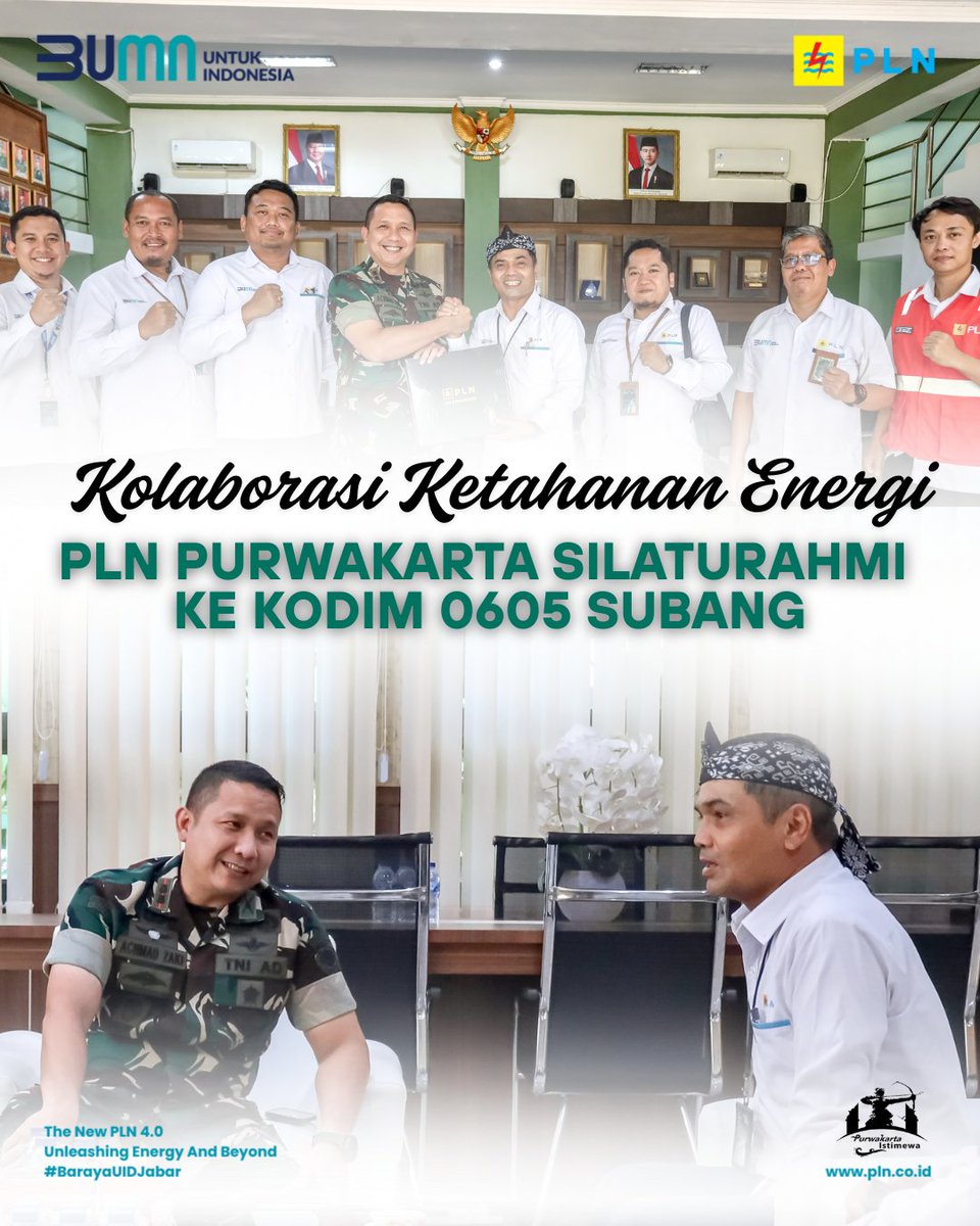 plnpurwakarta's tweet photo. Subang,28 April 2025. PLN Purwakarta bersilaturahmi ke Kodim 0605 Subang. Langkah ini menjadi bagian dari upaya memperkuat sinergi antara PLN dan TNI dalam menjaga keandalan pasokan listrik dan mendukung ketahanan energi nasional.   
#plnpurwakarta #Kodim0605Subang #uidjabar #pln https://t.co/U1oNaaWYj3