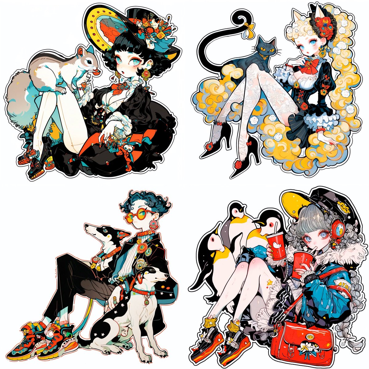 pinon_ai's tweet image. 理想的なステッカーっぽいもの生み出せるように！！
色々作ってみたくて、お友達のイメージとそれに合う動物でのデフォルメイラストを作成してみました🌈🖌(画像はコラージュです)
ちなみに私は左上のリス🐿✨️
こういうポップで可愛いの、大好きなんですよね〜🥳

 #AIart