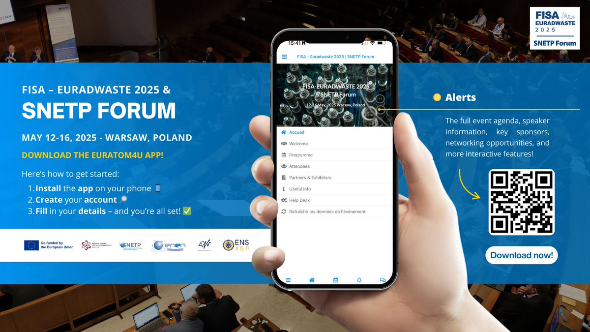 🚨 This year, stay connected with FISA-EURADWASTE 2025 and SNETP Forum with the Euratom4u App! 🔗 Download the Euratom4u App: buff.ly/Jo7gM7K