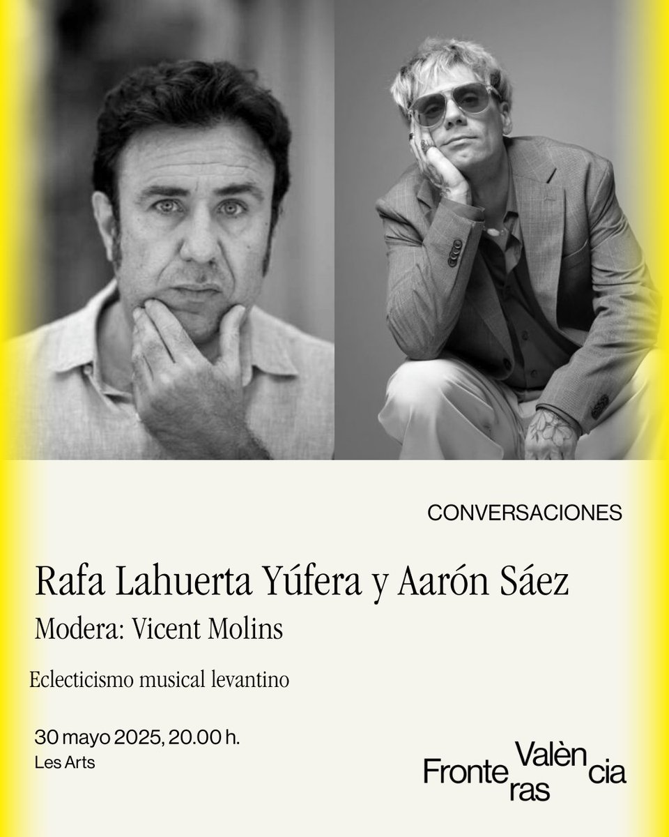 🟨 CONVERSACIÓN
El músico y compositor <a href="/aaronsaez/">aaronsaez</a> (Varry Brava) y el escritor Rafa Lahuerta dialogan sobre el carácter ecléctico de la escena musical valenciana. 
🗨️ Modera <a href="/vicentmolins/">Vicent Molins</a>

📆 30 Mayo / 20h / @lesartsvalencia
ℹ️ Acceso libre: festivalfronteras.lafabrica.com/eventos/eclect…