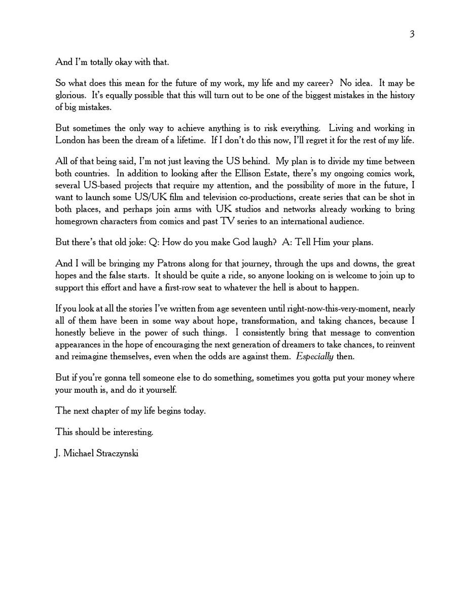 J. Michael Straczynski (@straczynski) on Twitter photo For followers of my work, I have some very exciting news, both personally and professionally.  A new challenge.  A new beginning.
I'm going back up on the high wire, to see what happens next.  
Details below. For followers of my work, I have some very exciting news, both personally and professionally.  A new challenge.  A new beginning.
I'm going back up on the high wire, to see what happens next.  
Details below.