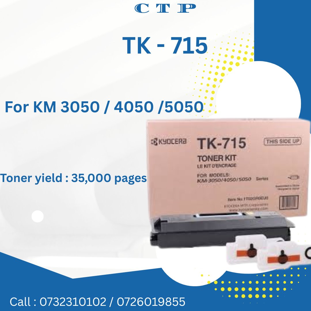 ComprehensiveT9's tweet photo. 💫Of Unmatched quality with the TK 715 that comes with twin  waste containers💫

🔷For KM 3050/4050/5050
🔷Toner yield : 35,000 pages

Call : 0732310102 / 0726019855

https://t.co/KcrtW5Iabk https://t.co/Wm5k9SsUok