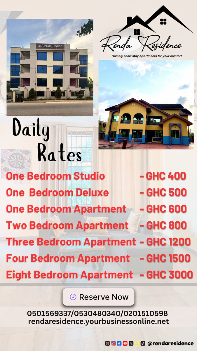 Looking for the best rates in Takoradi? You just found them!

Why pay more when you can stay in style for less?

Reserve now:  
0501569337 / 0530480340 / 0201510598  
rendaresidence.yourbusinessonline.net

#RendaResidence #TakoradiApartments #AffordableLuxury #DailyRates #StayWithRenda