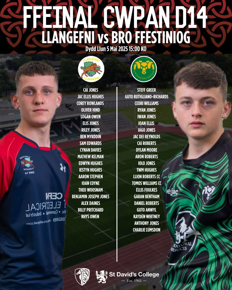 Cymuned RGC Community (@rgccymuned) on Twitter photo Cwpan Iau RGC Junior Cup
Gem 19 - Dan 14 - Cwpan
๐ Dydd Llun 05/05
โฐ 15:00 KO
๐<a href="/StadiwmCSM/">Stadiwm CSM</a>
Here are the squads for todays fixture between <a href="/CRLlangefni/">Clwb Rygbi Llangefni๐๐ด๓ ง๓ ข๓ ท๓ ฌ๓ ณ๓ ฟ๐</a> and <a href="/BroFfestiniog/">Clwb Rygbi Bro Ffest</a>
Pob lwc iโr ddau dim.
Diolch i @stdavidscollege am noddi y gystadleuaeth. Cwpan Iau RGC Junior Cup
Gem 19 - Dan 14 - Cwpan
๐ Dydd Llun 05/05
โฐ 15:00 KO
๐<a href="/StadiwmCSM/">Stadiwm CSM</a>
Here are the squads for todays fixture between <a href="/CRLlangefni/">Clwb Rygbi Llangefni๐๐ด๓ ง๓ ข๓ ท๓ ฌ๓ ณ๓ ฟ๐</a> and <a href="/BroFfestiniog/">Clwb Rygbi Bro Ffest</a>
Pob lwc iโr ddau dim.
Diolch i @stdavidscollege am noddi y gystadleuaeth.