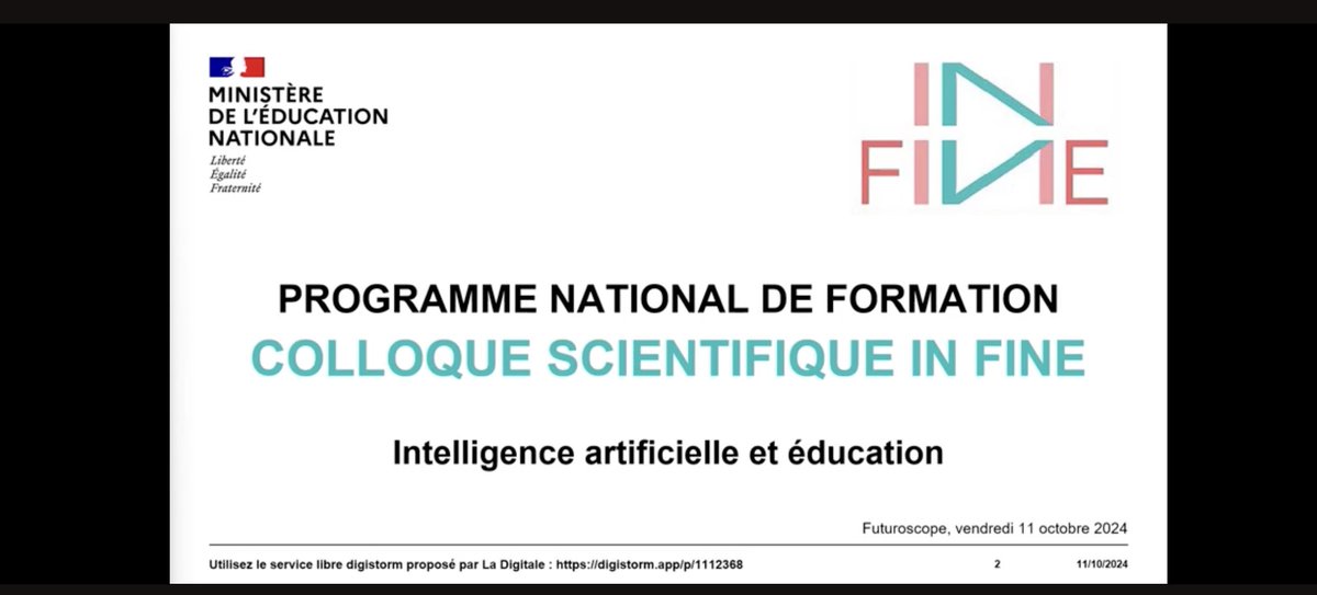 éduscol Eco Gestion (@eduscol_eg) on Twitter photo 📢 Retrouvez en ligne la 3e édition du colloque scientifique In-FINE sur l'IA et l'éducation, piloté par <a href="/education_gouv/">Ministère Éducation nationale</a> et <a href="/sup_recherche/">Ministère Enseignement supérieur et Recherche</a>. Il a permis de comprendre ce domaine complexe à travers des travaux de recherche et des retours d’expérimentations
👉tube-institutionnel.apps.education.fr/c/infine/videos 📢 Retrouvez en ligne la 3e édition du colloque scientifique In-FINE sur l'IA et l'éducation, piloté par <a href="/education_gouv/">Ministère Éducation nationale</a> et <a href="/sup_recherche/">Ministère Enseignement supérieur et Recherche</a>. Il a permis de comprendre ce domaine complexe à travers des travaux de recherche et des retours d’expérimentations
👉tube-institutionnel.apps.education.fr/c/infine/videos