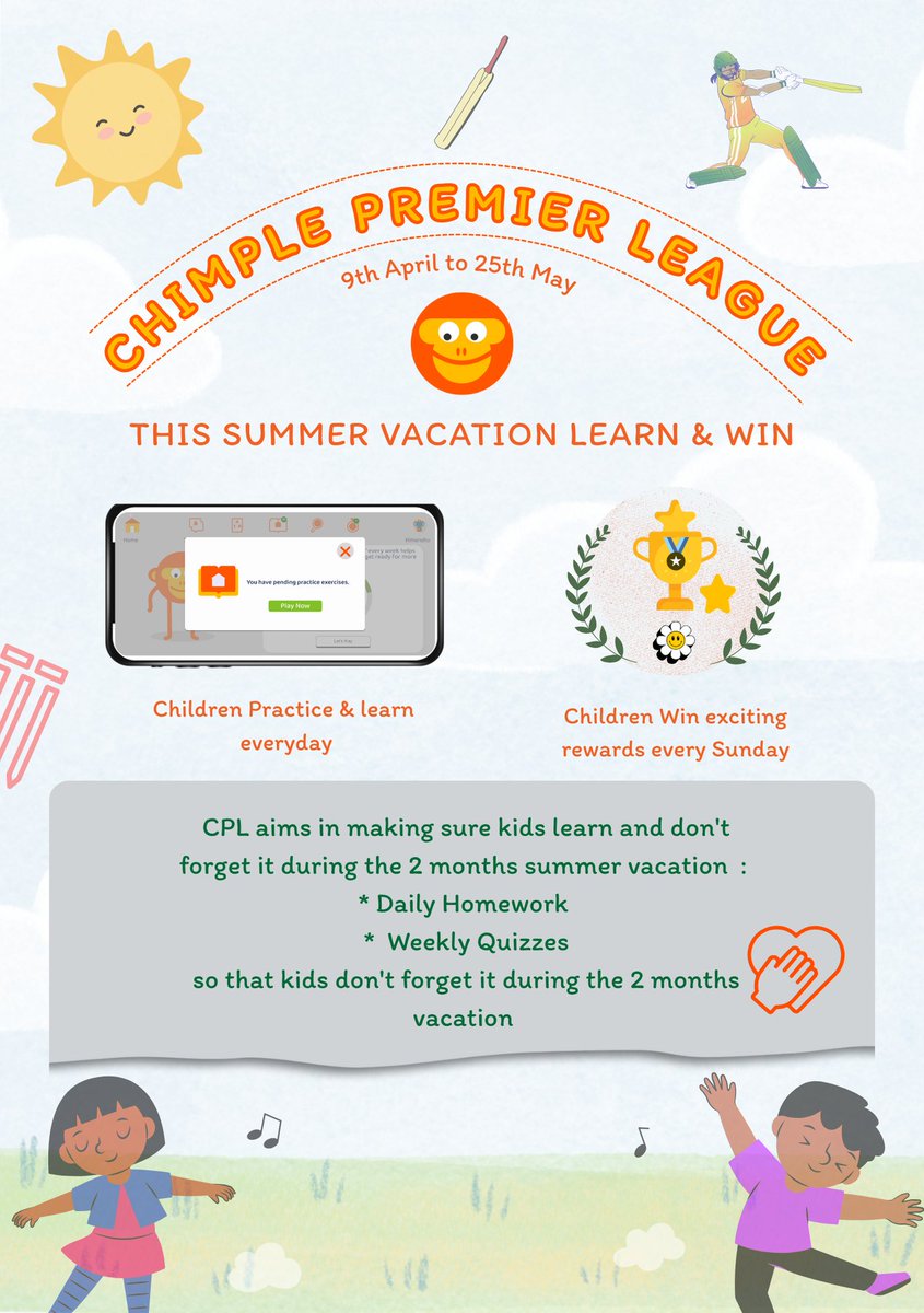 chimple_org's tweet photo. This summer, learning hits a six! 🏏 🥳

Chimple Learning is turning the heat into a season of fun, with the Chimple Premier League – Summer Championship 2025, a cricket-themed, 6-week championship to keep early learners engaged and growing in this summer vacation.

Here's a brief detail about CPL :

Location : Kanakpura & Devanahalli, Karnataka

Dates : April 10 – May 25, 2025

Participants : 550 students | Grades 1 and 2

With daily practices, weekly quiz matches, and exciting rewards, CPL makes sure learning never takes a vacation!

#Chimplelearning #CPL2025 #SummerLearning #EdTech #FoundationalLiteracy #ChimpleKids #JoyfulLearning #DigitalLearning #FLN