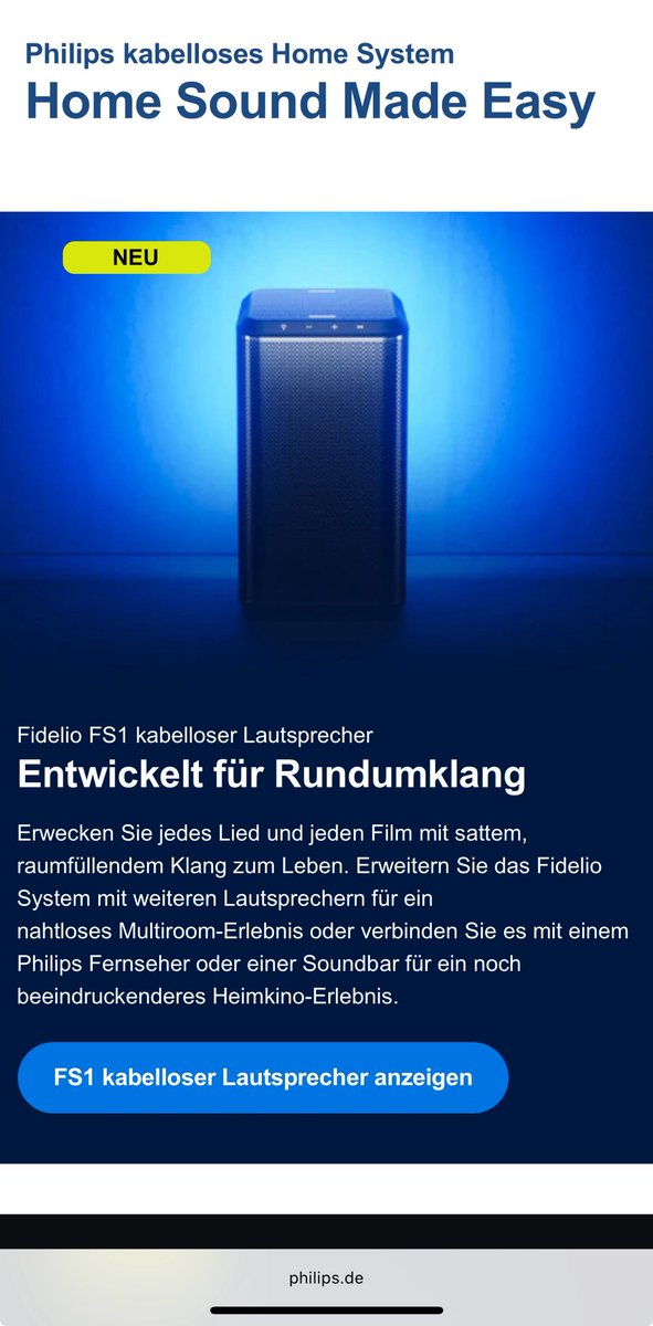 motusdd's tweet photo. @Philips Hi @Philips, thank you for the information. On the German website you marked this FS1 speaker as new - that’s why I asked. 
Will there be a successor, and if yes is it also compatible with DTS Play-Fi? https://t.co/zuYrBaTkqB