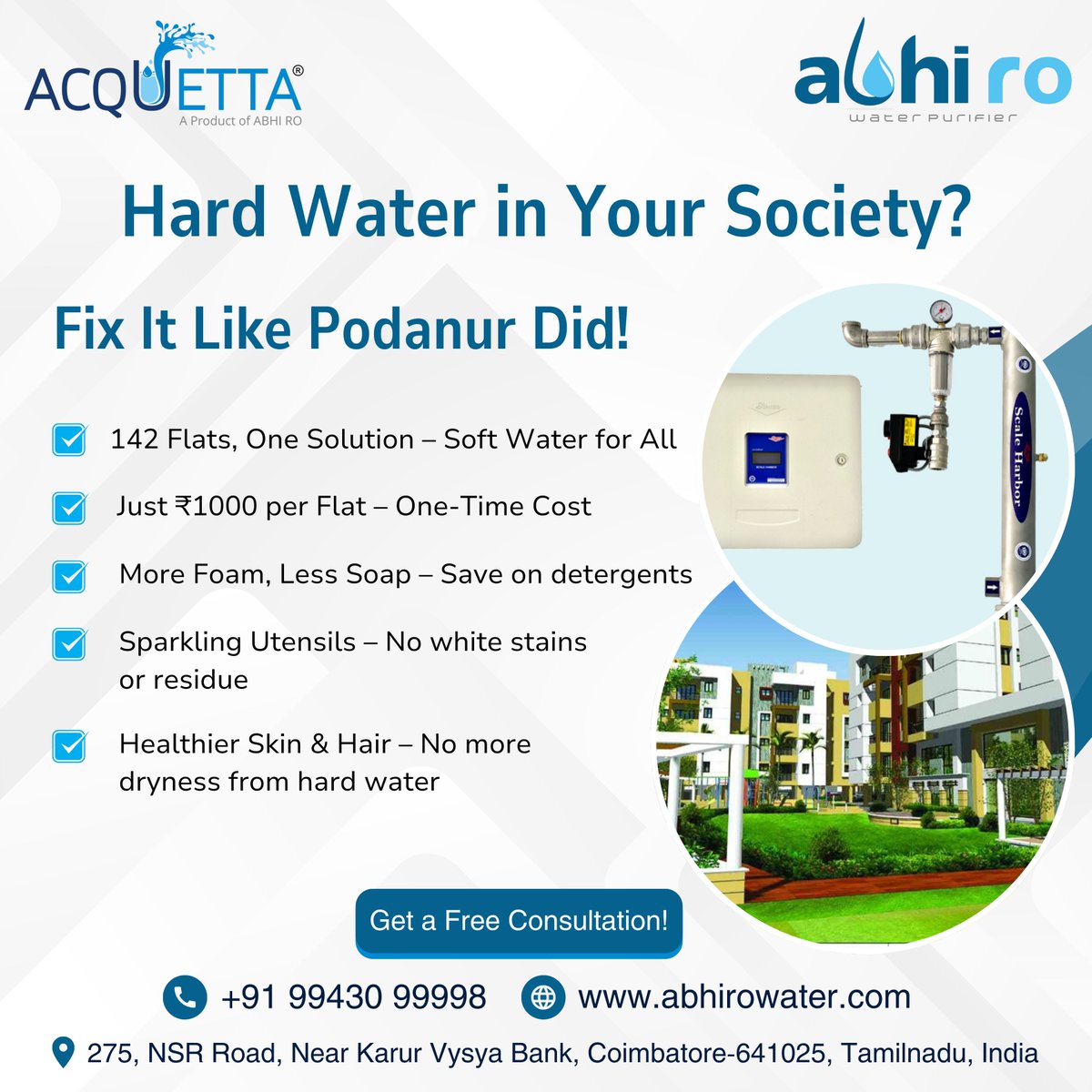 abhirocbe's tweet photo. 💧 Hard water problem in your society?

🏢 142 flats, 1 soft water solution – just ₹1000/flat (one-time)

✨ Save soap, get cleaner utensils, healthier skin &amp; hair!
📞 Free consultation: +91 99430 99998
🌐 https://t.co/p2oifKuAFb
#SoftWater #AbhiRO #Coimbatore https://t.co/Kr2mcBATOz