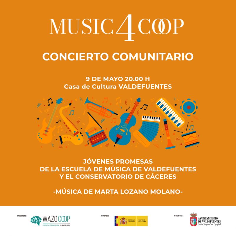 Os esperamos el 9 de mayo a las 20 h. Tendremos un maravilloso concierto comunitario que une generaciones y territorio a cargo del alumnado de la Escuela de Música de Valdefuentes y del Conservatorio de Cáceres.

📍 Casa de Cultura · Entrada libre

#Music4Coop 

#WazoCoop