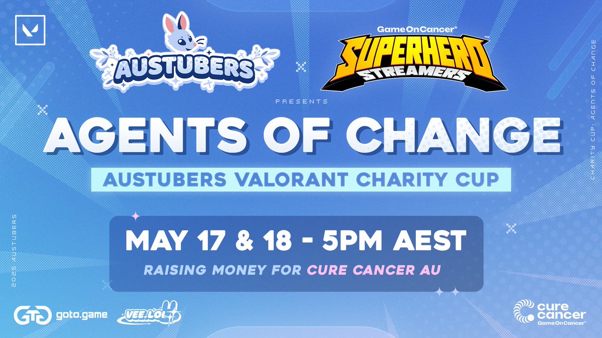AusTubers ๐ฆ๐บ (@austubers) on Twitter photo ๐ฎ TOURNAMENT SCHEDULE DROP! ๐
The Austubers Valorant Charity Cup kicks off soon!
๐๏ธ May 17 @ 5PM AEST โ Draft Games & good vibes
๐๏ธ May 18 @ 5PM AEST โ Semi-Finals & Finals
Raising funds for <a href="/GameOn_Cancer/">Game On Cancerยฎ</a>
Letโs go, Agents of Change!
#AustubersUnite #VALORANT ๐ฎ TOURNAMENT SCHEDULE DROP! ๐
The Austubers Valorant Charity Cup kicks off soon!
๐๏ธ May 17 @ 5PM AEST โ Draft Games & good vibes
๐๏ธ May 18 @ 5PM AEST โ Semi-Finals & Finals
Raising funds for <a href="/GameOn_Cancer/">Game On Cancerยฎ</a>
Letโs go, Agents of Change!
#AustubersUnite #VALORANT