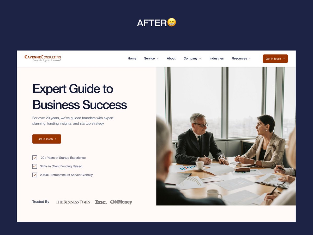 DesignTech_0's tweet image. Website Redesign exploration for Cayenne Consulting ✨
Before → After
✔️ Clear navigation
✔️ Clear value communication
✔️ Conversion pointers
✔️ Strong CTA
→ All designed to build credibility and convert.