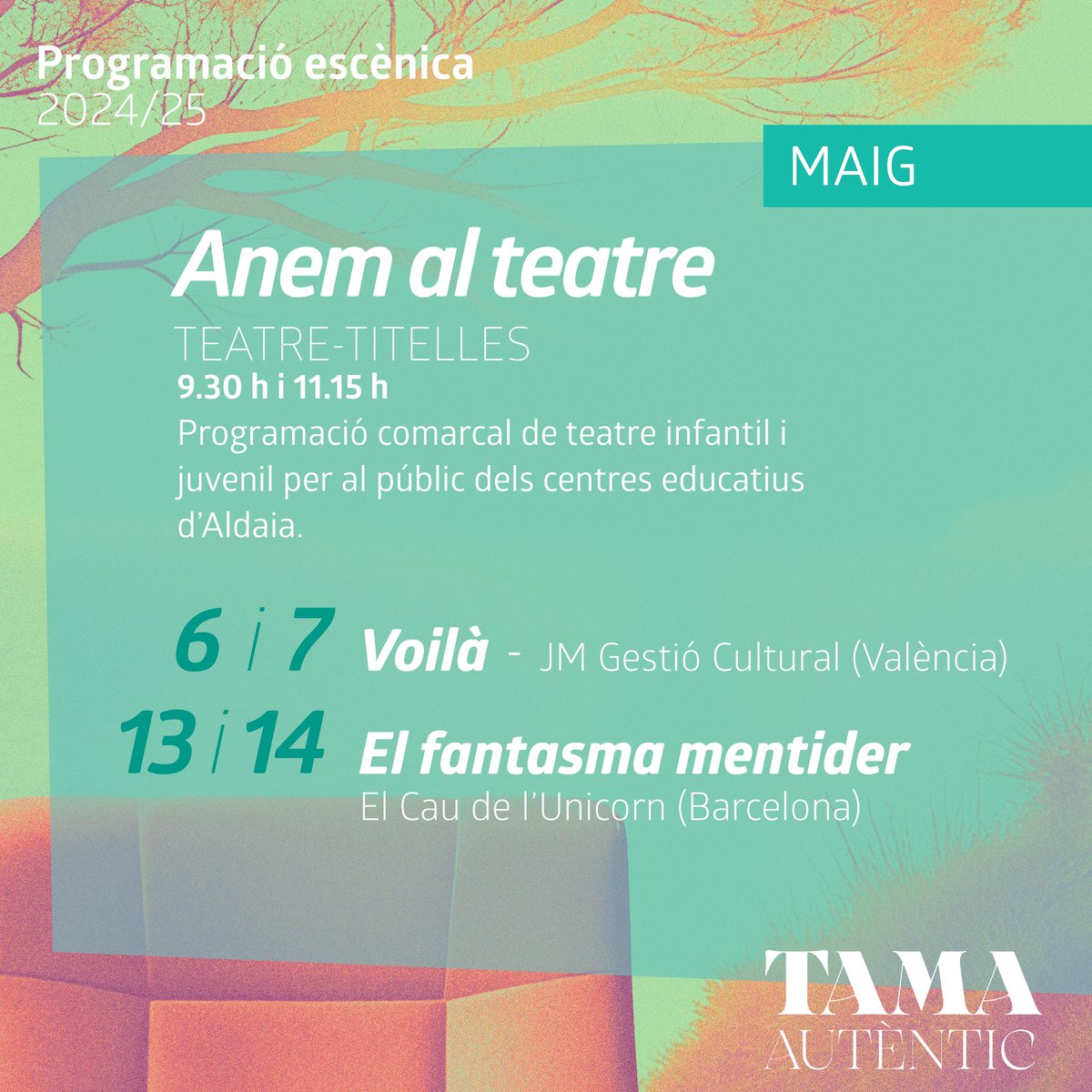 TAMA. Teatre Auditori Municipal d'Aldaia (@tamaldaia) on Twitter photo 🎭 Anem al teatre!
Aquest maig, el TAMA acull teatre per als centres educatius d'Aldaia!
📅 6 i 7: Voilà
📅 13 i 14: El fantasma mentider
🕤 9.30 h i 11.15 h
Descobrim la màgia de l'escena des de la infantesa!
#AutènticTAMA <a href="/Ajuntaldaia/">Ajuntament d'Aldaia</a> 🎭 Anem al teatre!
Aquest maig, el TAMA acull teatre per als centres educatius d'Aldaia!
📅 6 i 7: Voilà
📅 13 i 14: El fantasma mentider
🕤 9.30 h i 11.15 h
Descobrim la màgia de l'escena des de la infantesa!
#AutènticTAMA <a href="/Ajuntaldaia/">Ajuntament d'Aldaia</a>