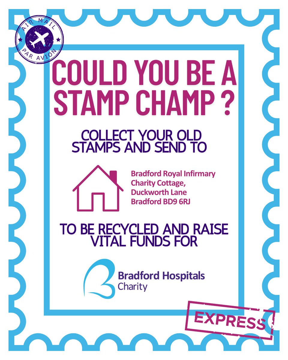 Bradford Hospitals' Charity (@bthftcharity) on Twitter photo Did you know we now collect and recycle stamps to fundraise for <a href="/BTHFTCharity/">Bradford Hospitals Charity</a>? πβ»οΈ
Be a stamp champ and support our fundraising! Simply collect your stamps and send them in to us at: Bradford Royal Infirmary, Charity Cottage, Duckworth Lane, Bradford, BD9 6RJ
<a href="/BTHFT/">Bradford Teaching Hospitals NHS FT</a> Did you know we now collect and recycle stamps to fundraise for <a href="/BTHFTCharity/">Bradford Hospitals Charity</a>? πβ»οΈ
Be a stamp champ and support our fundraising! Simply collect your stamps and send them in to us at: Bradford Royal Infirmary, Charity Cottage, Duckworth Lane, Bradford, BD9 6RJ
<a href="/BTHFT/">Bradford Teaching Hospitals NHS FT</a>