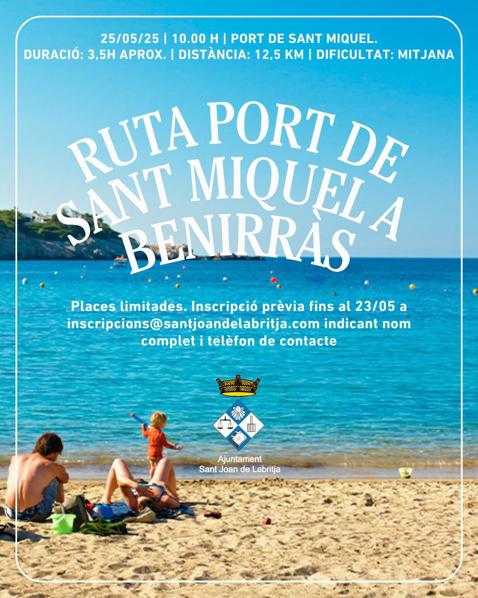 Ajuntament de Sant Joan de Labritja. (@delabritja) on Twitter photo 🥾 Nova ruta: del Port de Sant Miquel a Benirràs!
📅 25/05 | 🕙 10.00–13.30 h
📍 Sortida: platja del Port de Sant Miquel
↔️ 12,5 km | Dificultat mitjana
⚠️ Places limitades. Inscripcions fins al 23/05 a
📧 inscripcions@santjoandelabritja.com
#santjoan #santjoandelabritja 🥾 Nova ruta: del Port de Sant Miquel a Benirràs!
📅 25/05 | 🕙 10.00–13.30 h
📍 Sortida: platja del Port de Sant Miquel
↔️ 12,5 km | Dificultat mitjana
⚠️ Places limitades. Inscripcions fins al 23/05 a
📧 inscripcions@santjoandelabritja.com
#santjoan #santjoandelabritja