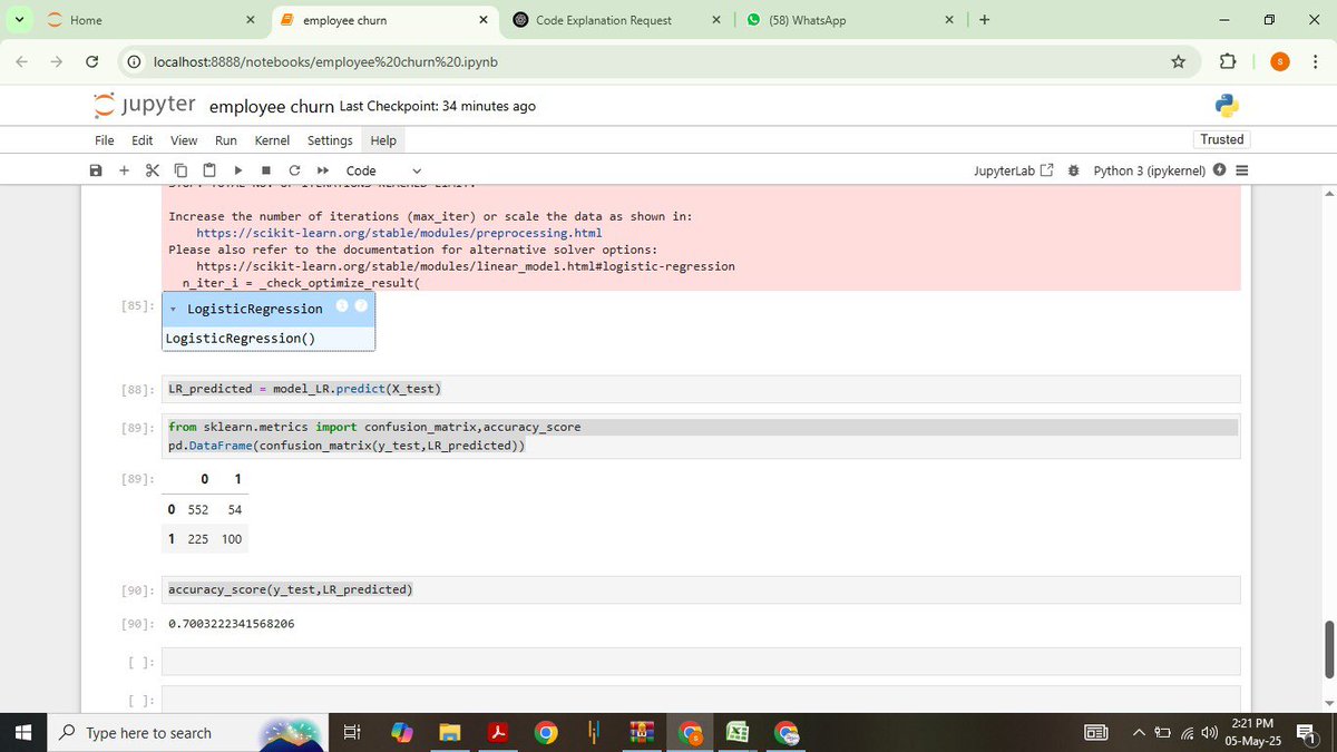 punit_pandey77's tweet image. Employees churn Model's at 70% accuracy for employee churn prediction. Next up: exploring different algorithms and using Grid Search CV for hyperparameter tuning to push it towards that 85-95% target! #machinelearning #datascience #hyperparameteroptimization