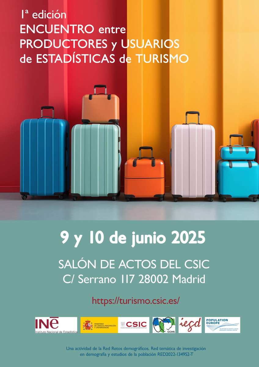 📢1ª edición Encuentro entre Productores y Usuarios de Estadísticas de Turismo

📅9 y 10 de junio
🕛09:00 horas
📍Salón de actos Sede CSIC, Calle Serrano 117 Madrid

✍️Inscríbete para asistir en➡️turismo.csic.es
¡Te esperamos😉!

<a href="/es_INE/">INE España</a>
<a href="/Demografia_CSIC/">Demografía (CSIC)</a>

#INE