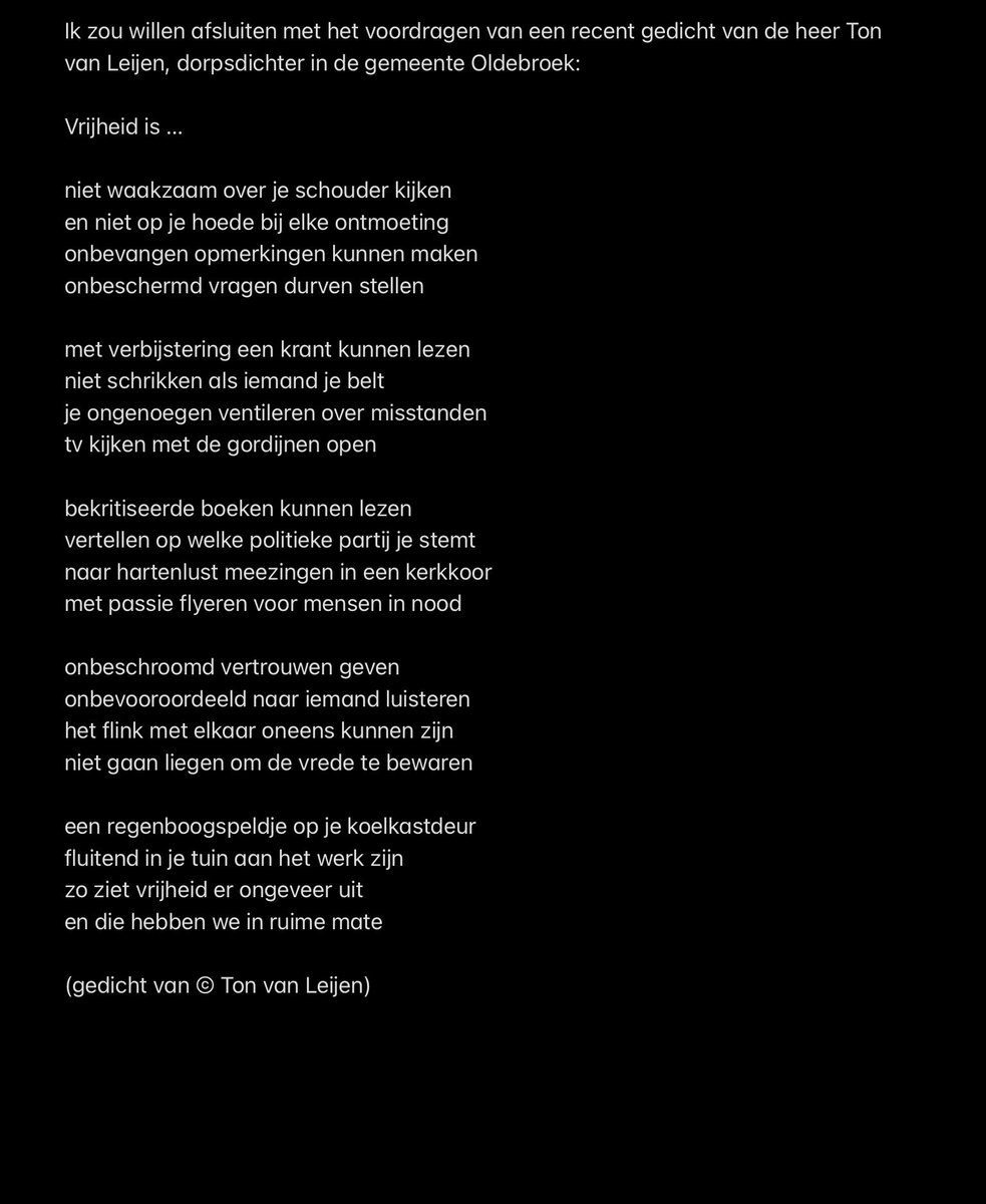 Tekst zoals uitgesproken tijdens #Dodenherdenking #Wezep in de Kruiskerk bijeenkomst georganiseerd door <a href="/SOCWezep/">Oranje Comite Wezep</a> . 

Met afsluitend gedicht “Vrijheid is” van <a href="/TonvanLeijen/">Ton van Leijen</a> 

#nationaledodenherdenking #4en5mei