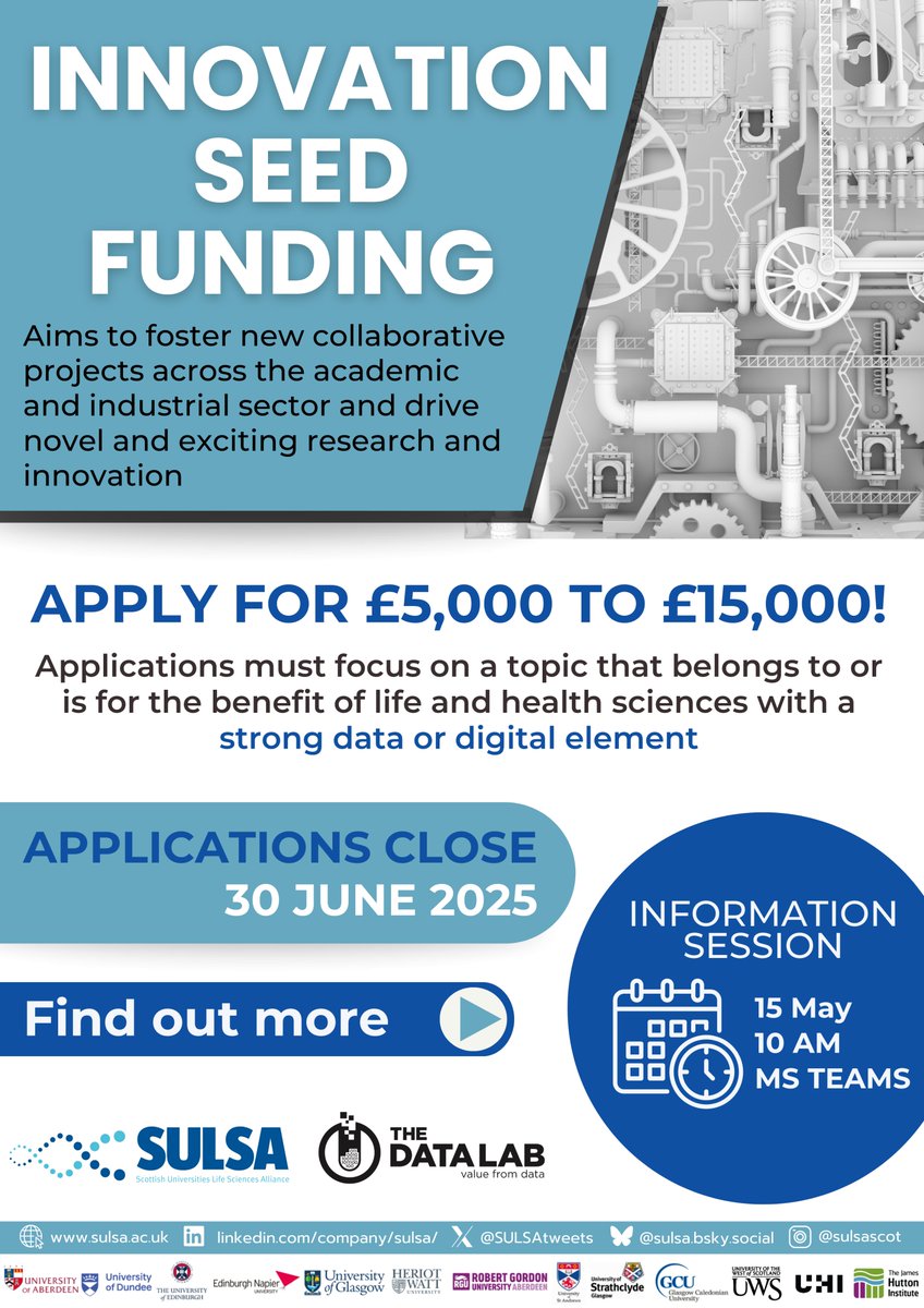 SULSA (@sulsatweets) on Twitter photo 🚀 Innovation Seed Funding
In collaboration with <a href="/DataLabScotland/">The Data Lab</a>!
Fund supports research projects in life sciences with strong data or digital-driven approach
📌£5k–£15k
📆Info session: 15 May | 10 AM | Online
Sign up: buff.ly/6NGuTTc
Learn more: buff.ly/giXImtP 🚀 Innovation Seed Funding
In collaboration with <a href="/DataLabScotland/">The Data Lab</a>!
Fund supports research projects in life sciences with strong data or digital-driven approach
📌£5k–£15k
📆Info session: 15 May | 10 AM | Online
Sign up: buff.ly/6NGuTTc
Learn more: buff.ly/giXImtP