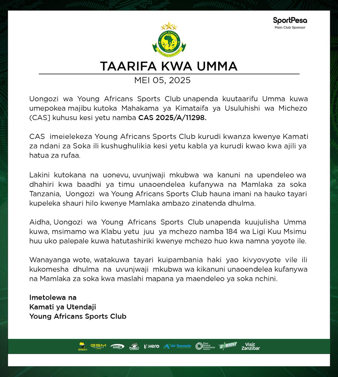 Taarifa Kwa Umma

#TimuYaWananchi 
#DaimaMbeleNyumaMwiko