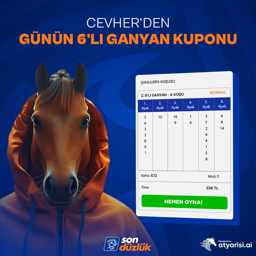 🤖 Yapay zeka destekli tahminler Son Düzlük'te!

🅱️ Cevher, Şanlıurfa 6’lı Ganyan tahminlerini paylaştı.

⛓️ Hemen oynamak için: sonduzluk.com/hazir-kuponlar