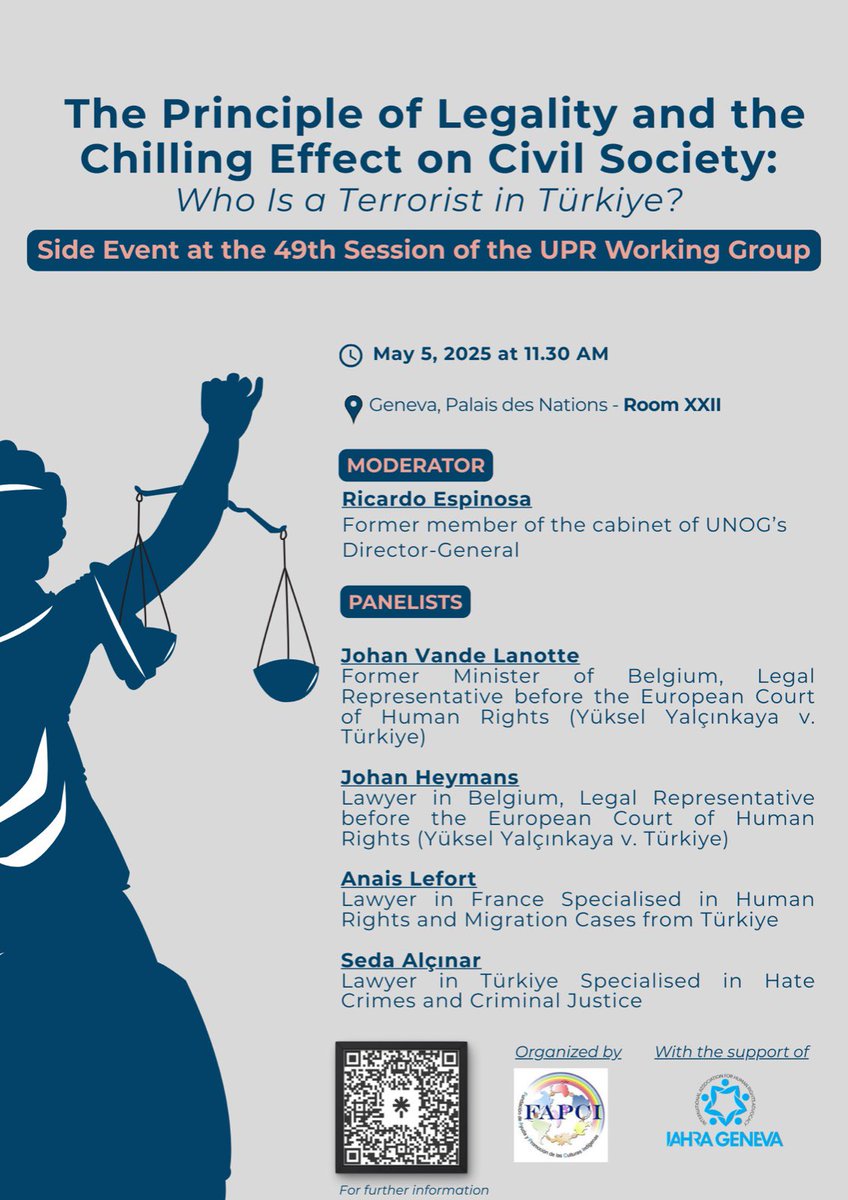 iahrageneva's tweet image. Who is a terrorist in #Türkiye? Today at #UPR49, we expose the arbitrary use of anti-terror laws and their chilling effect on civil society. Join us at 11:30 AM in Room XXII, Palais des Nations. #HumanRights #RuleOfLaw #UPR