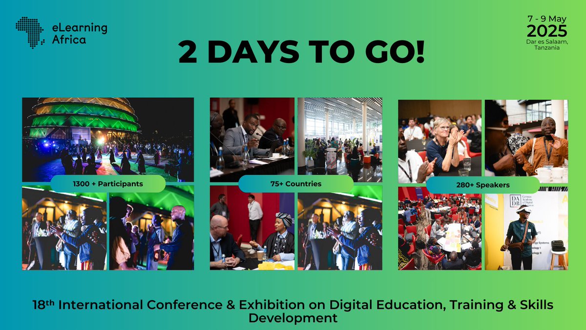 ⏳ Just 2 days to go until #eLearningAfrica 2025 – are you ready?

👥 1,300+ participants
🎤 280+ speakers
🌍 75+ countries 

📍 Dar es Salaam | 7–9 May
🎟️ Register now → icwe-secretariat.com/elearning-afri…

#EdTechAfrica #DigitalSkills #EducationInAfrica #AfricaConference