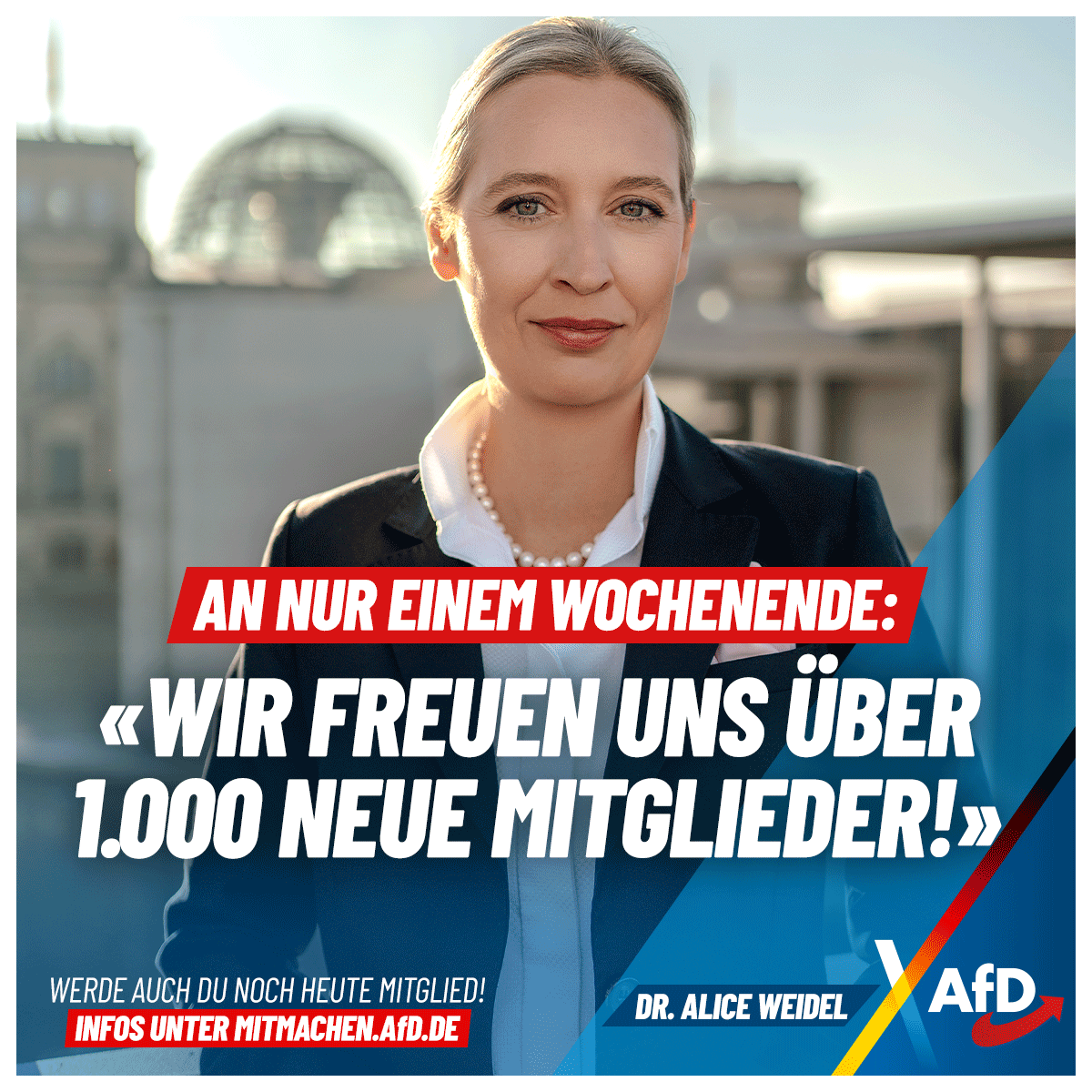 1.000 Mitgliedsanträge in 3 Tagen: Das dürfte ein neuer Rekord sein, der darüber hinaus zeigt, wie hoch der Zuspruch für unsere AfD wirklich ist. Herzlich Willkommen in der Alternative für Deutschland! Jetzt selbst Mitglied werden: mitmachen.afd.de