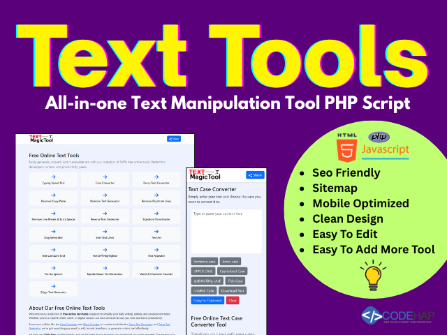 CodeHap's tweet image. Text Tools All-in-one Text Manipulation Tool PHP Script
codehap.com/store/text-too…
Text Tools PHP script. Includes case converters, text difference highlighter, wordcounters, text reverser, Zalgo text generator, and more.