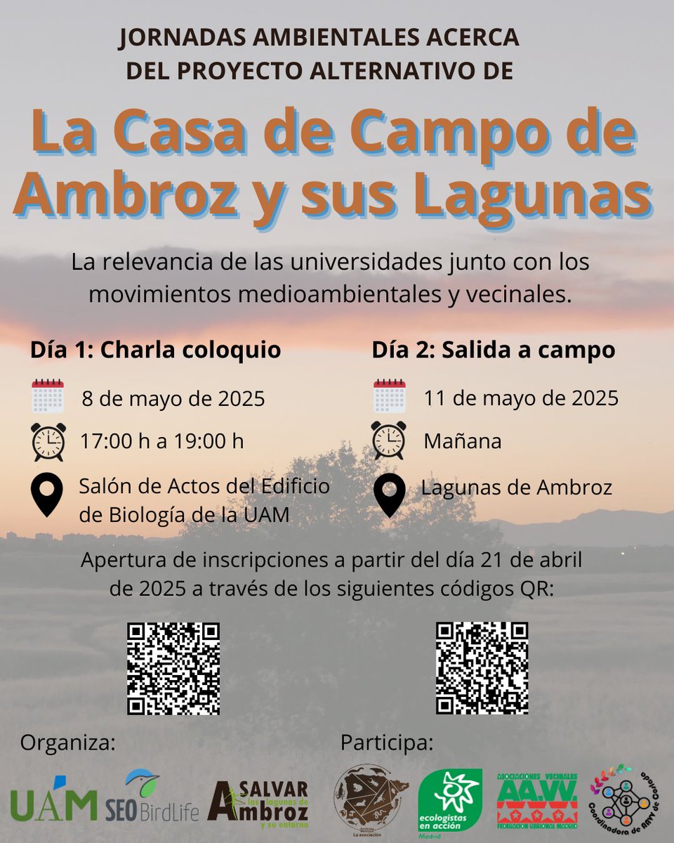 ¿Conoces el valor ecológico y los problemas que está habiendo para conservar las Lagunas de Ambroz?
 
Aprende todo sobre estas lagunas y su entorno con las jornadas “La Casa de Campo de Ambroz y sus Lagunas”

📆 Jueves 8 de mayo
⏰ 17:00 h
📌 Salón de Actos de Biología