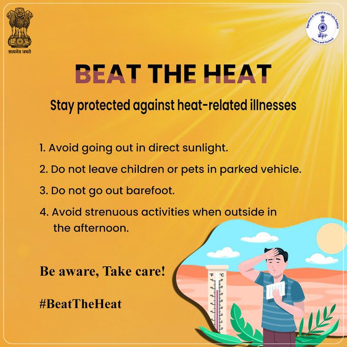 Information & PR, J&K (@diprjk) on Twitter photo #BeatTheHeat | Stay safe and beat those scorching rays with these essential tips.
Remember, a little precaution goes a long way in keeping heat-related illnesses at bay.
<a href="/DDNewslive/">DD News</a> <a href="/airnewsalerts/">All India Radio News</a>
<a href="/PIB_India/">PIB India</a> <a href="/CBCJammuKashmir/">Central Bureau of Communication,Jammu</a>
<a href="/NitishRajora_/">Nitish Rajora</a> #BeatTheHeat | Stay safe and beat those scorching rays with these essential tips.
Remember, a little precaution goes a long way in keeping heat-related illnesses at bay.
<a href="/DDNewslive/">DD News</a> <a href="/airnewsalerts/">All India Radio News</a>
<a href="/PIB_India/">PIB India</a> <a href="/CBCJammuKashmir/">Central Bureau of Communication,Jammu</a>
<a href="/NitishRajora_/">Nitish Rajora</a>