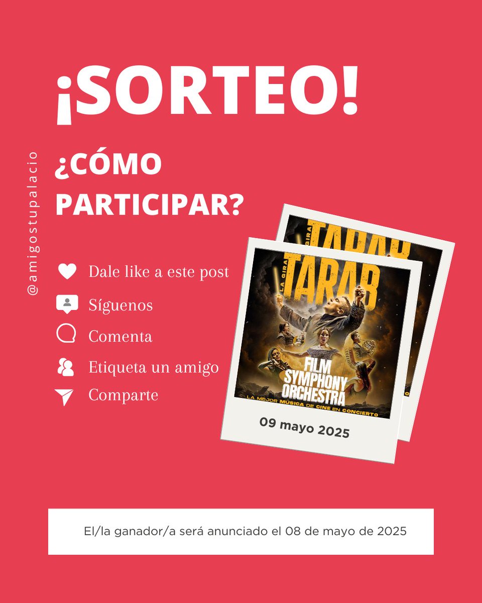 #SORTEO hasta el 07/05
2🎟️<a href="/FilmSymphony/">Film Symphony</a> TARAB en #Granada 

✅ Sigue <a href="/AmigosTuPalacio/">Amigos de Tu Palacio</a>
✅ Menciona 2 amigos 🎯
✅ RT 🔁 y Comenta 💬 al menos 2 puntos de venta de entradas con dto #AmigosdeTuPalacio
📢Ganador 08/05 por DM 
📜 bit.ly/4jIC8O6 

💥 ¡Mucha suerte! 🍀✨