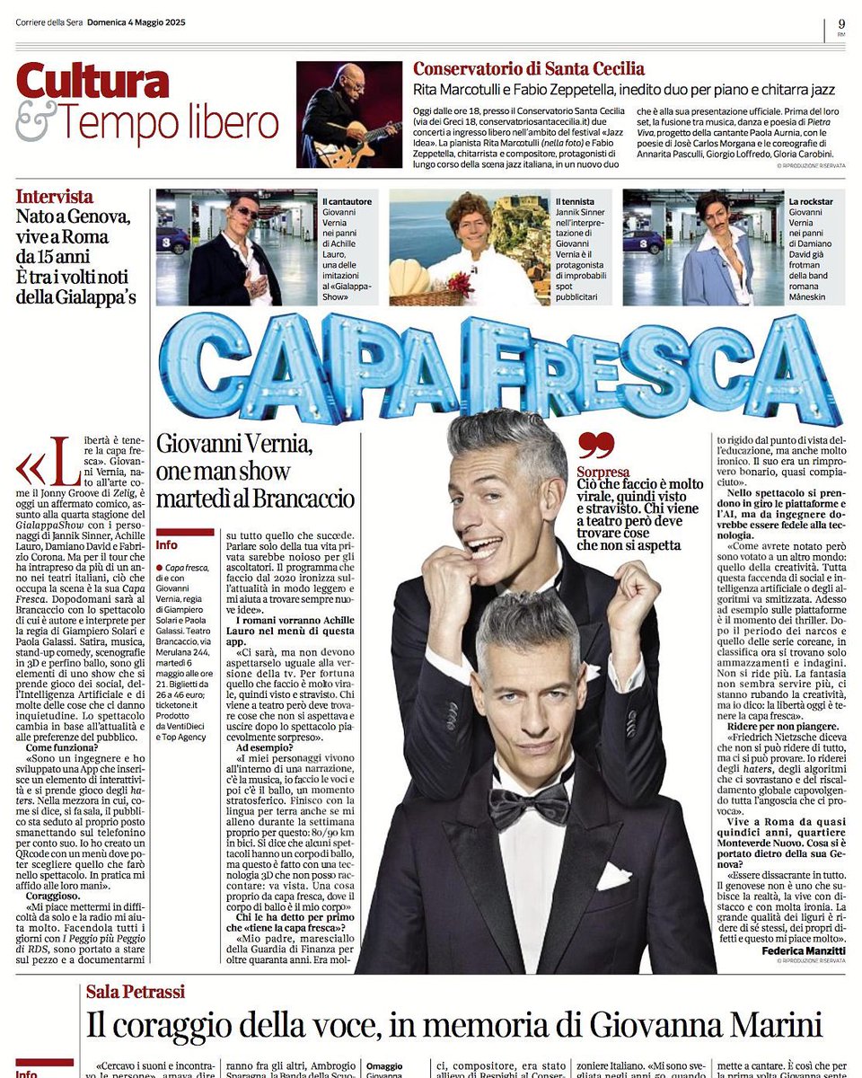 giovannivernia's tweet photo. Pollice e indice e si ingrandisce tutto. Immaginate che al posto dell’articolo ci siano foto osè 😜 Grazie @corriereroma per la bella intervista. Ci vediamo al Teatro Brancaccio di Roma domani 6 maggio e poi ultime date su Ticketone fino a fine maggio. #capafresca https://t.co/vZI5GHdFyP