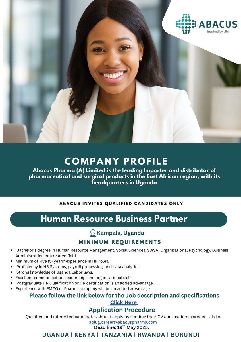 We’re Hiring!
Join Abacus Pharma as a Human Resource Business Partner in Kampala, Uganda 🌍
Are you an HR pro ready to make an impact?
🗓️ Deadline: 19 May 2025
📧 Apply: aplug.career@abacuspharma.com
🔗 abacuspharma.com/careers/
#HRJobs #KampalaJobs