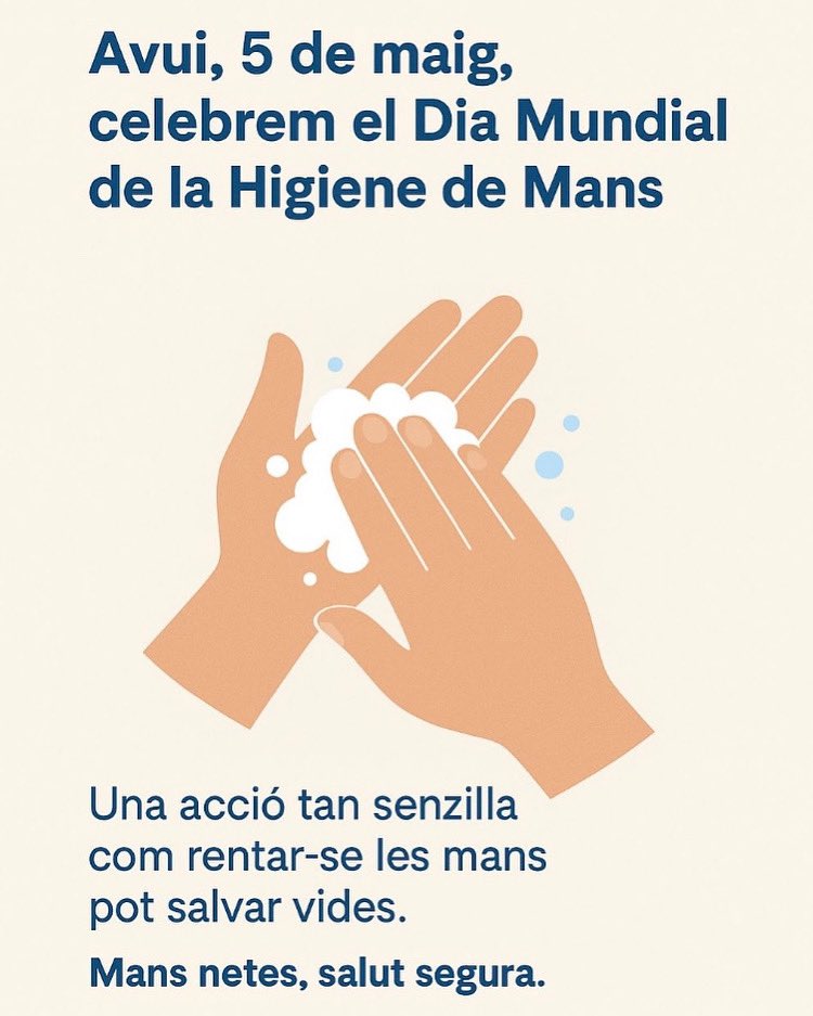 Una acció tan senzilla com rentar-se les mans pot salvar vides. És un gest quotidià, però fonamental en l’àmbit sanitari

Tots hi tenim un paper clau. Sumem esforços per continuar promovent una cultura de seguretat

#DiaMundialHigieneMans #HigieneDeMans #SalutPública