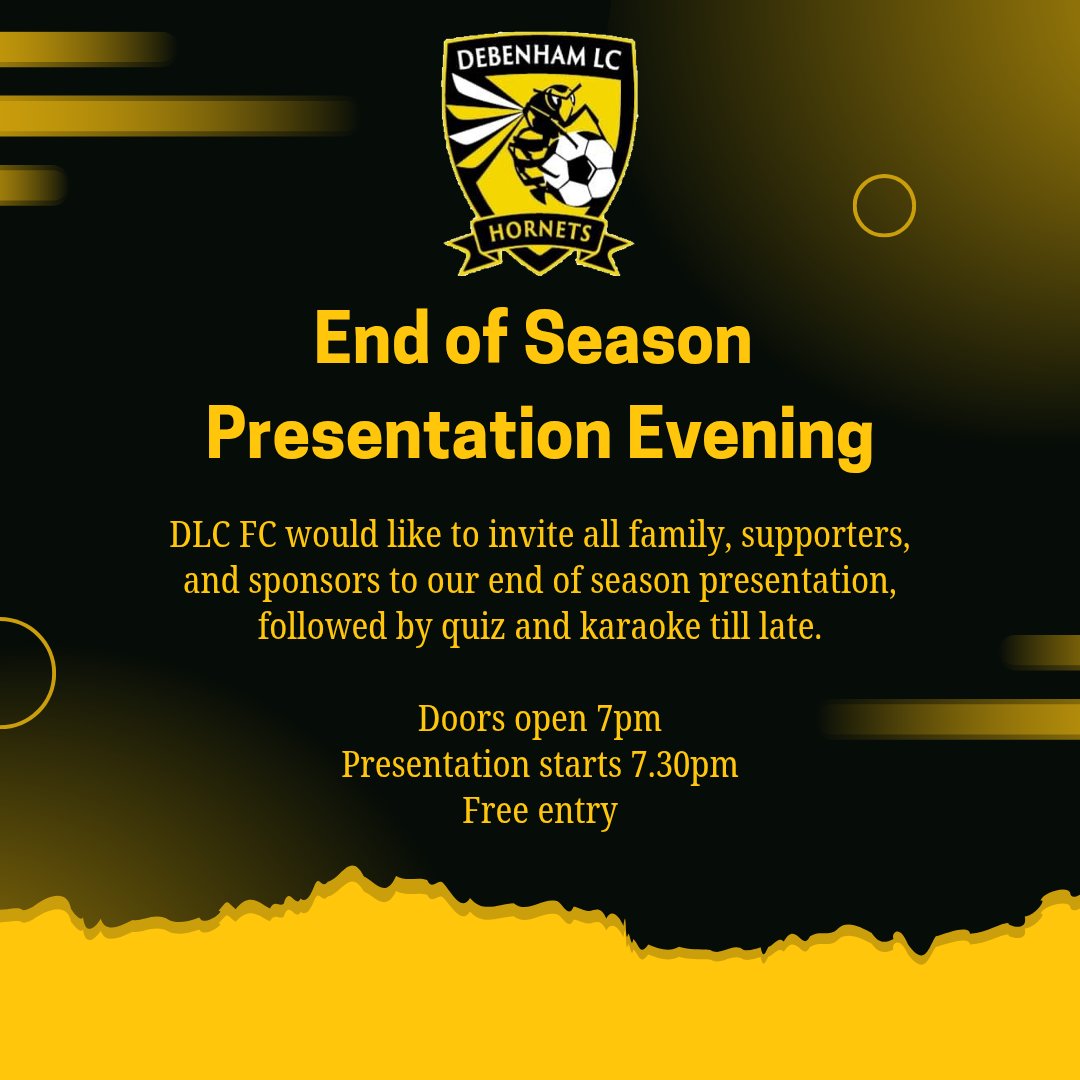 🐝🎉🐝 End of Season 🐝🎉🐝

We would like to invite all family, supporters and sponsors to our end of season presentation evening this Saturday

Doors open 7pm
Presentation starts 7.30pm
Free entry
Quiz and Karaoke to follow till late