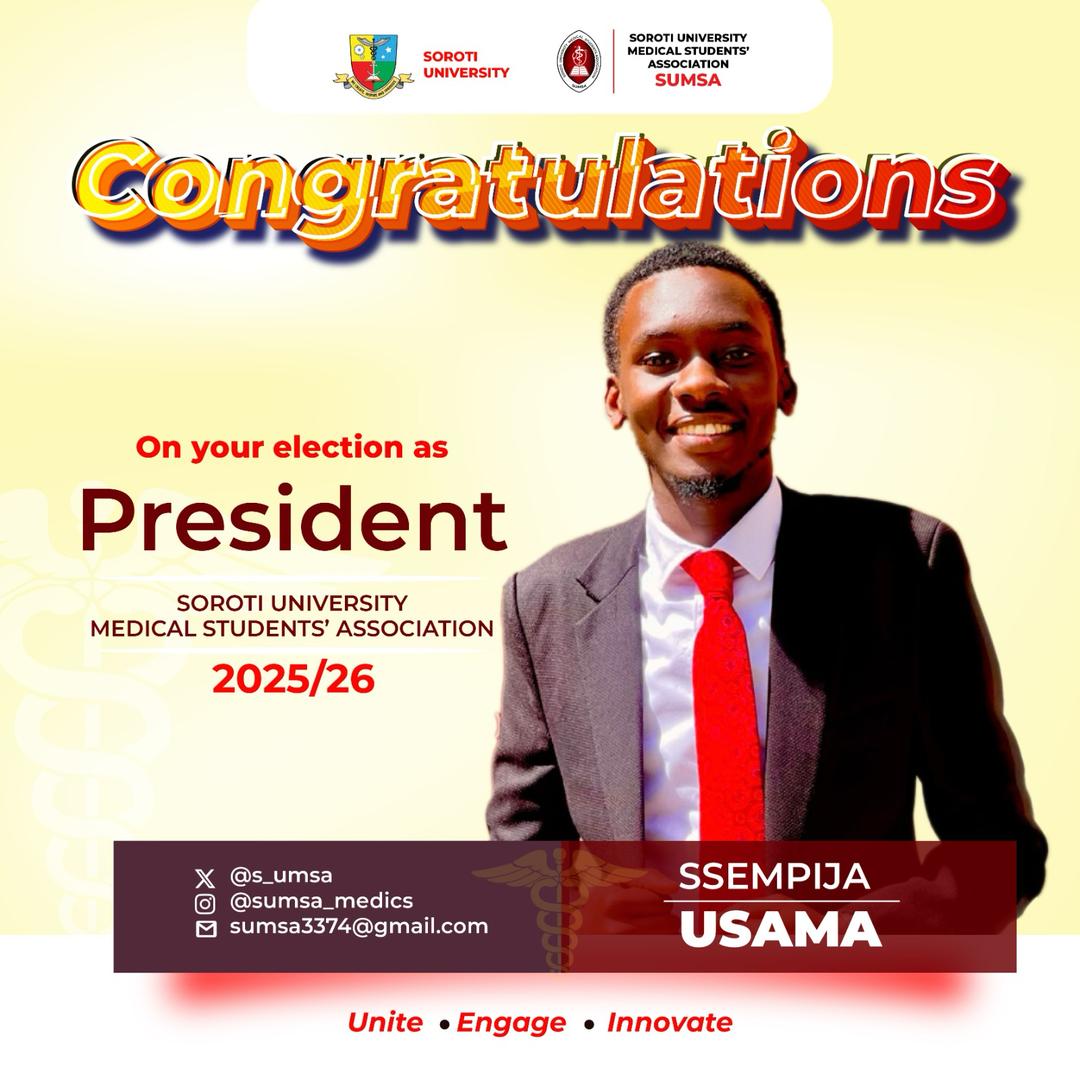 Congratulations to Ssempija Usama on your remarkable election as the President of SUMSA 2025/26!
 This victory is not just yours—it’s a win for every medical student who believes in change, growth and unity!
 may you lead with courage, inspire with wisdom and serve with heart ❤️