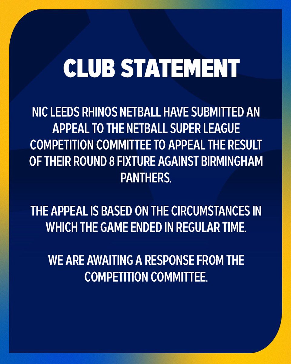 NIC Leeds Rhinos Netball (@rhinosnetballsl) on Twitter photo Club Statement following yesterday’s <a href="/NetballSL/">Netball Super League</a> game against Birmingham Panthers. Club Statement following yesterday’s <a href="/NetballSL/">Netball Super League</a> game against Birmingham Panthers.